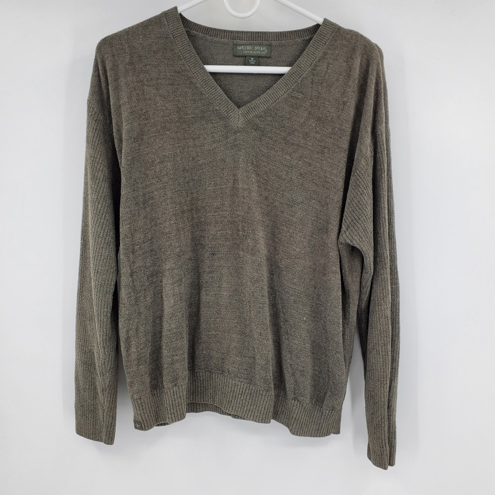 Barefoot‎ Dreams CozyChic Ultra Lite V-Neck Sweater Olive Brown Mens Medium